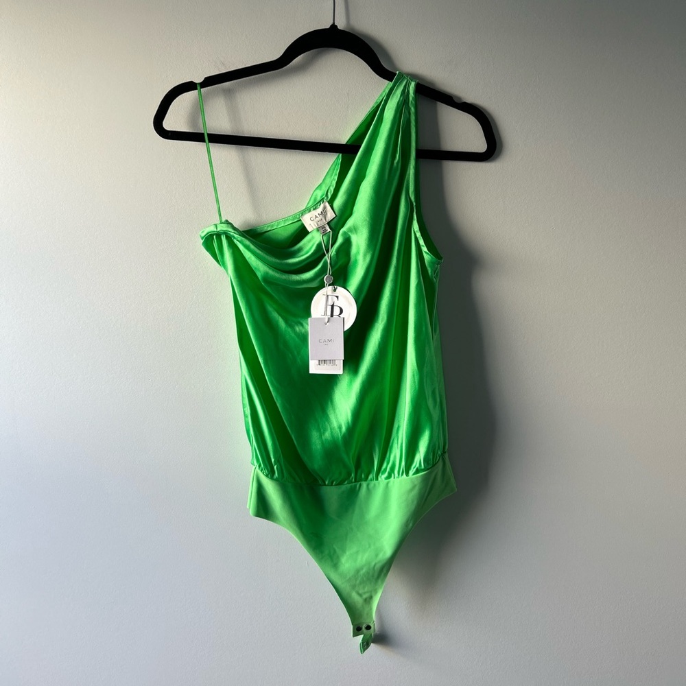 Cami NYC green silk one shoulder bodysuit